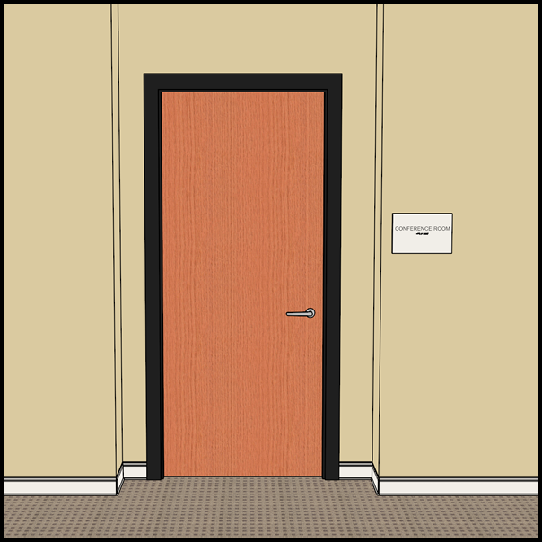 Recessed door with sign on adjacent wall