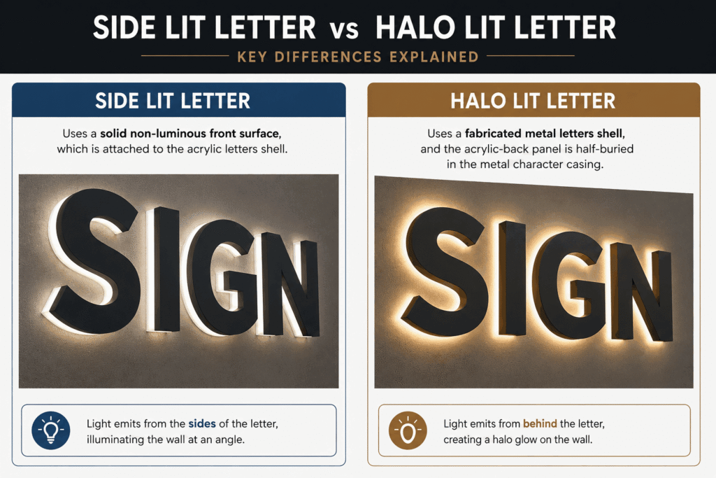Side Lit Letters vs Halo Lit Letters